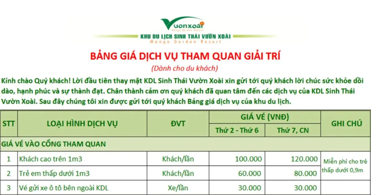 Bảng giá Khu du lịch Vườn Xoài Đồng Nai