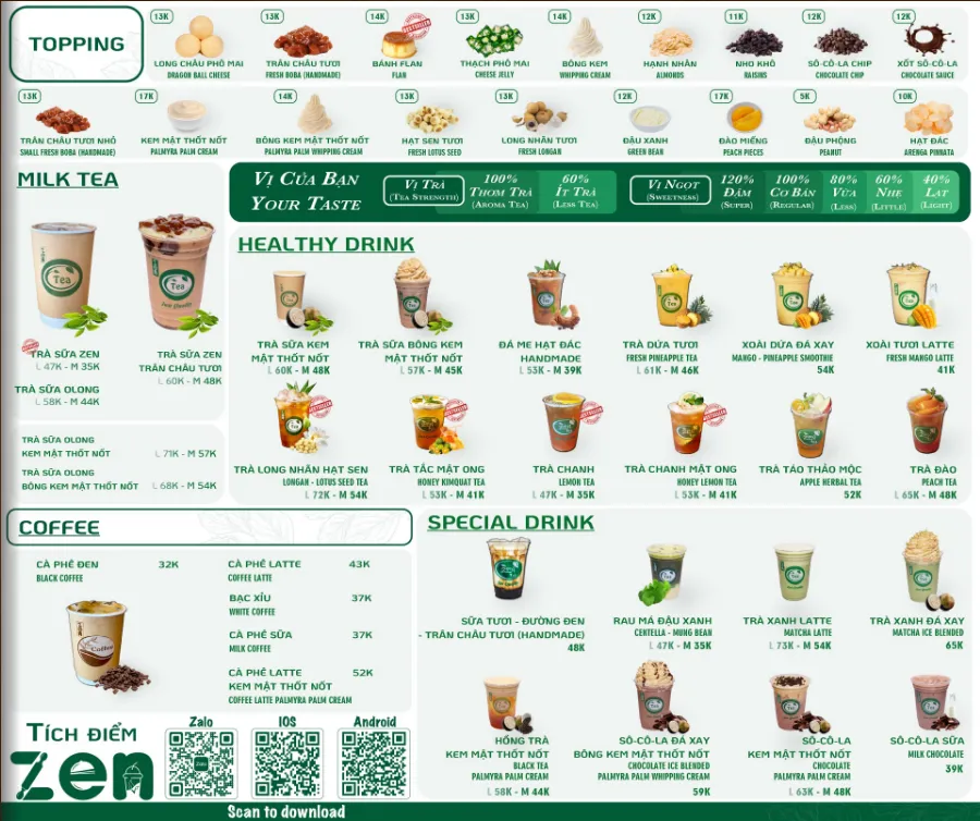 Menu Zen Tea Biên Hòa mới nhất